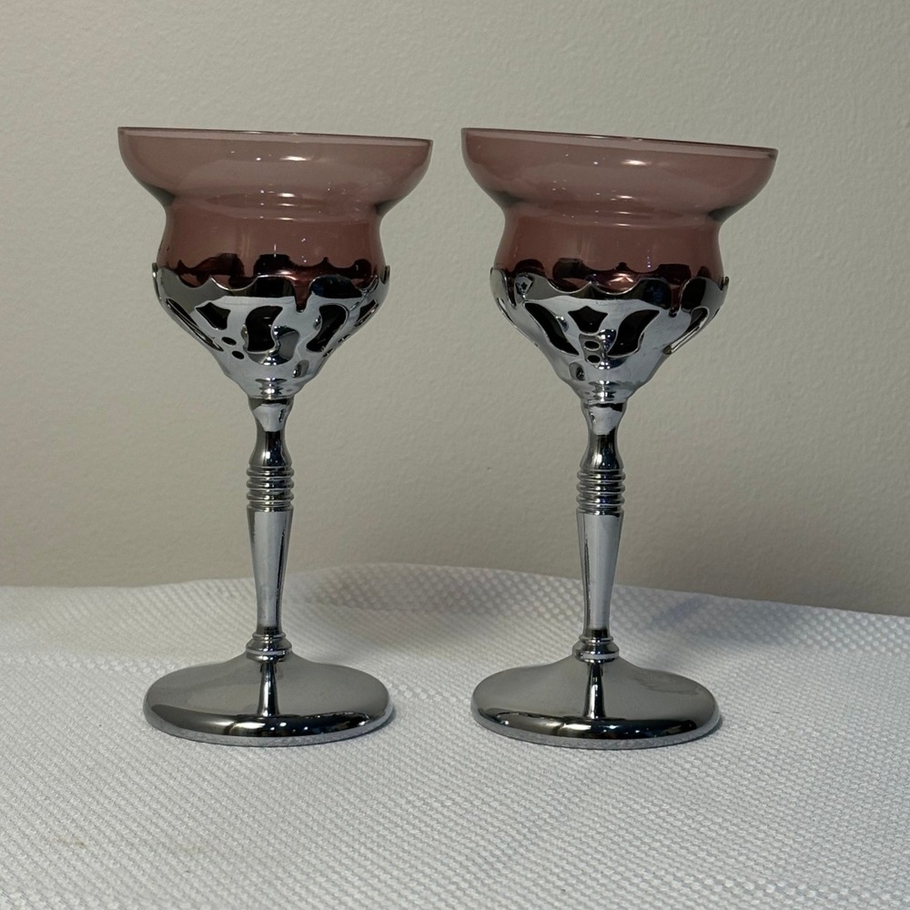Farber Bros Krome Kraft Amethyst UV Uranium Glass Chrome Cordial Stems Pair‎